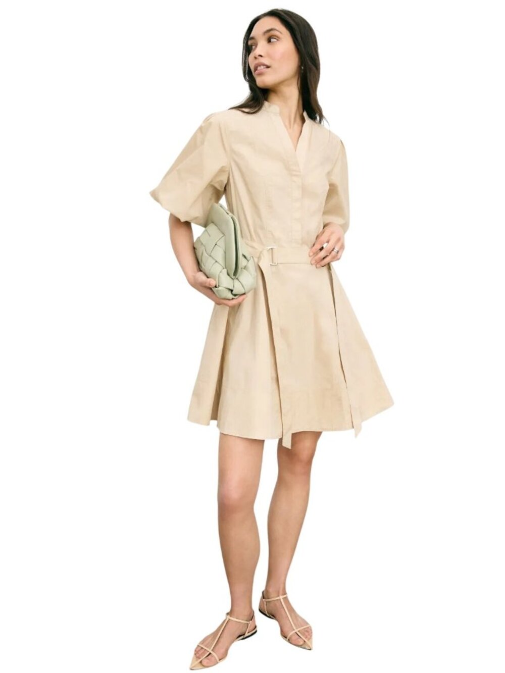 Derek Lam 10 Crosby Bennet Balloon Sleeve Dress in Khaki 10 Womens Mini